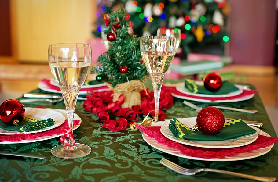 inoxidable, tenedor de acero, verde, mantel, mesa de navidad, cena de navidad, mesa, feriado, navidad, cena