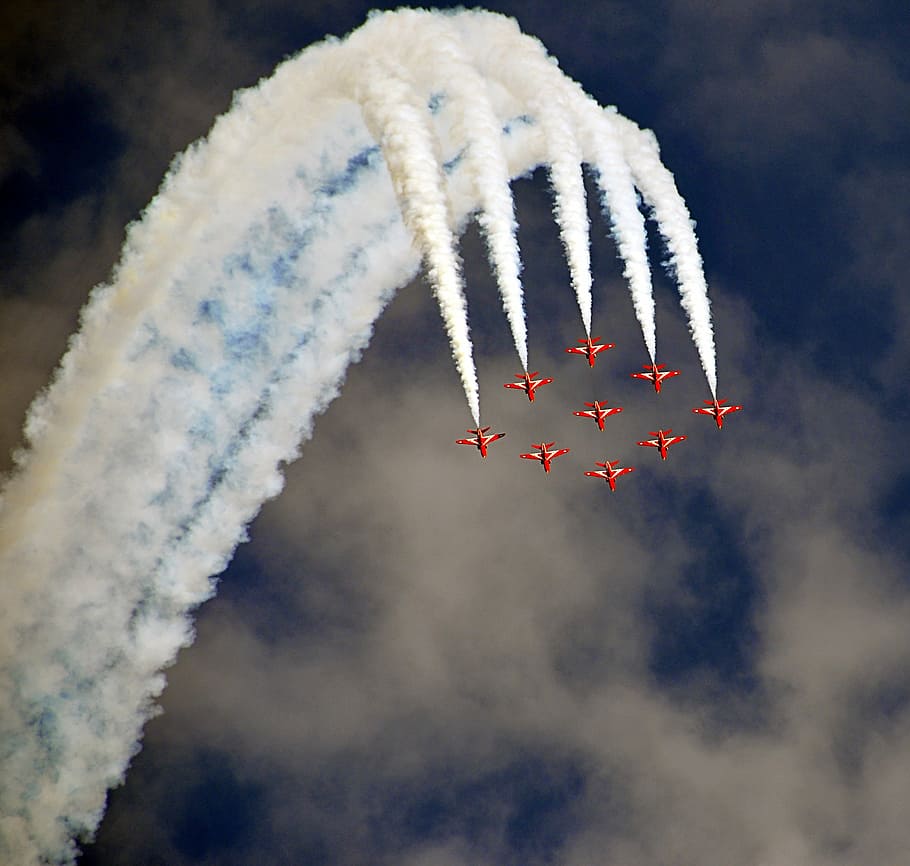 nine, red, jet plane, air shore, daytime, airshow, fighter jets, formation, red arrows, fighter