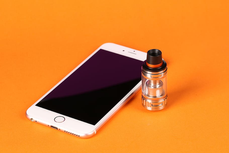 electronic cigarette, mobile, orange, technology, communication, wireless technology, colored background, smart phone, portable information device, connection