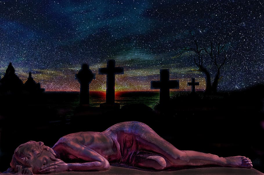 woman, lying, cemetery painting, cemetery, grave, tombstones, sunset, twilight, sad, abuse