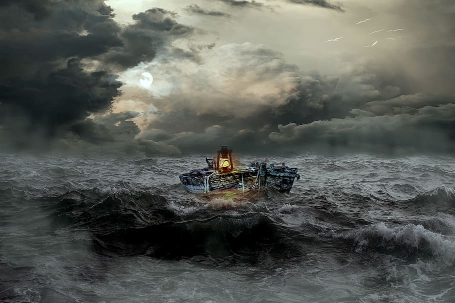 gray, boat, body, water, rough sea, sea, boot, dark clouds, lantern, glow