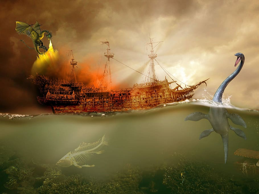 dois, atacando, barco, dragões, monstros, ataque, bestas, perigo, dinossauro, desastre