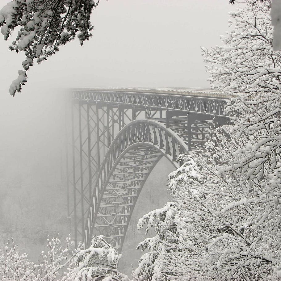 gray foggy bridge, steel bridge, snow, architecture, metal, trees, ice, landscape, winter, river