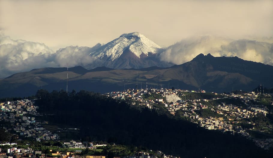 ciudad, montaña, volcán, al aire libre, paisaje, nubes, nieve, andes, sudamérica, américa latina
