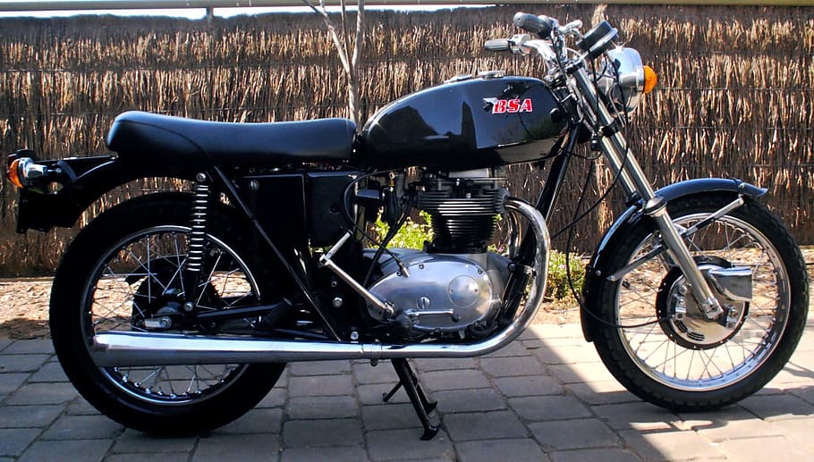 black, standard, motorcycle parking, brown, wall, motorcycle, bsa, thunderbolt, 1972, bike