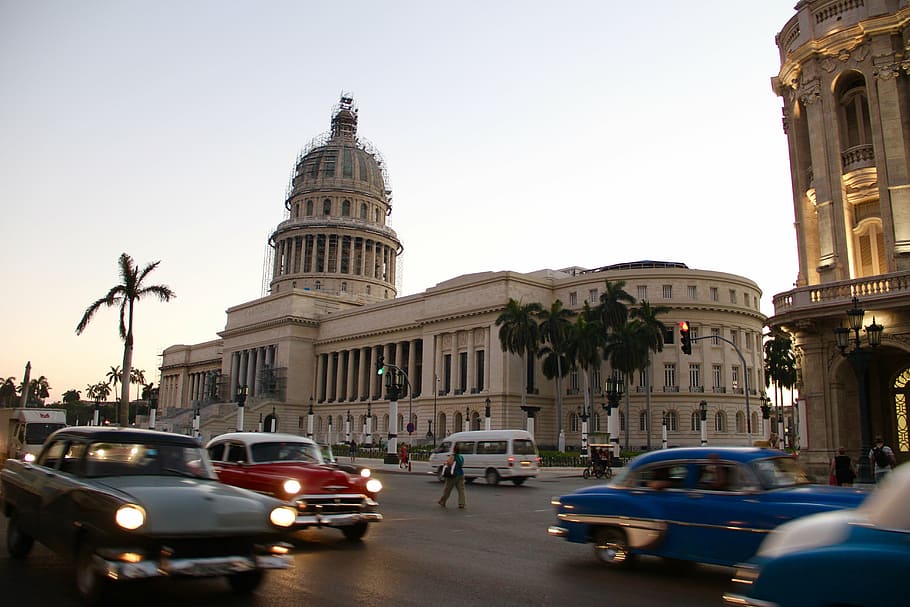 vehicles, passing, building, cuba, havana, habana, tourism, caribbean, architecture, capitol