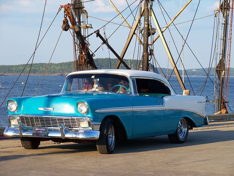 vintage, blue, car, ocean water, daytime, vintage car, cars, classic car, automobile, automobiles