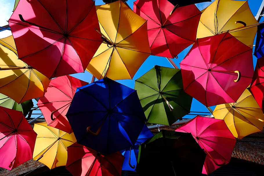 umbrellas, rain, Colorful, various, fashion, umbrella, parasol, multi Colored, blue, outdoors