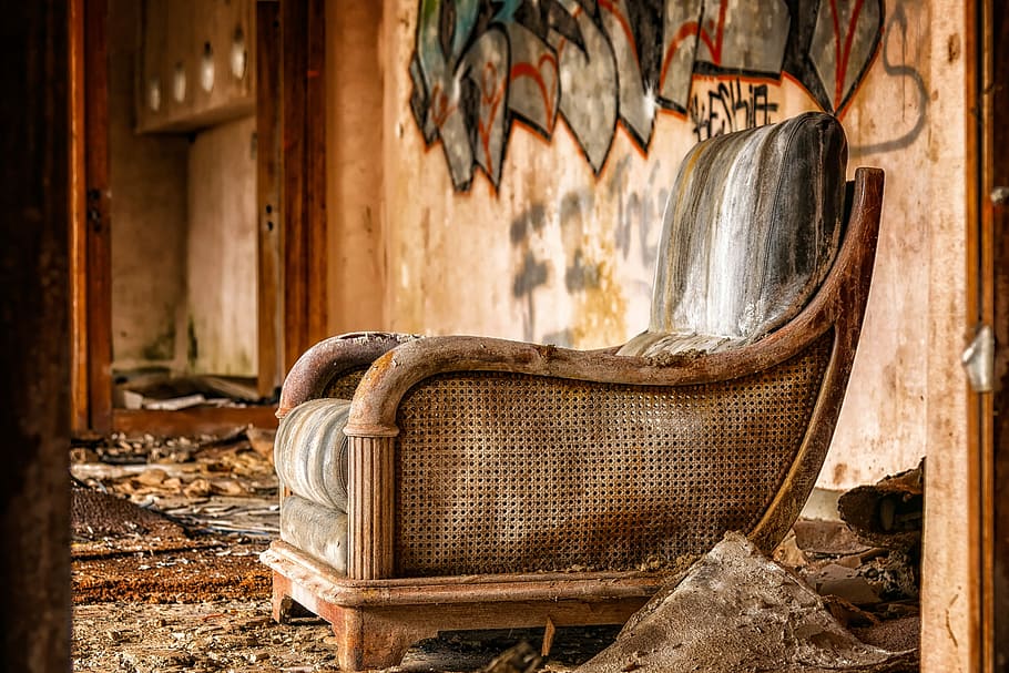 gray, armchair, brown, wo, oden frame, chair, furniture, lost places, furniture pieces, old
