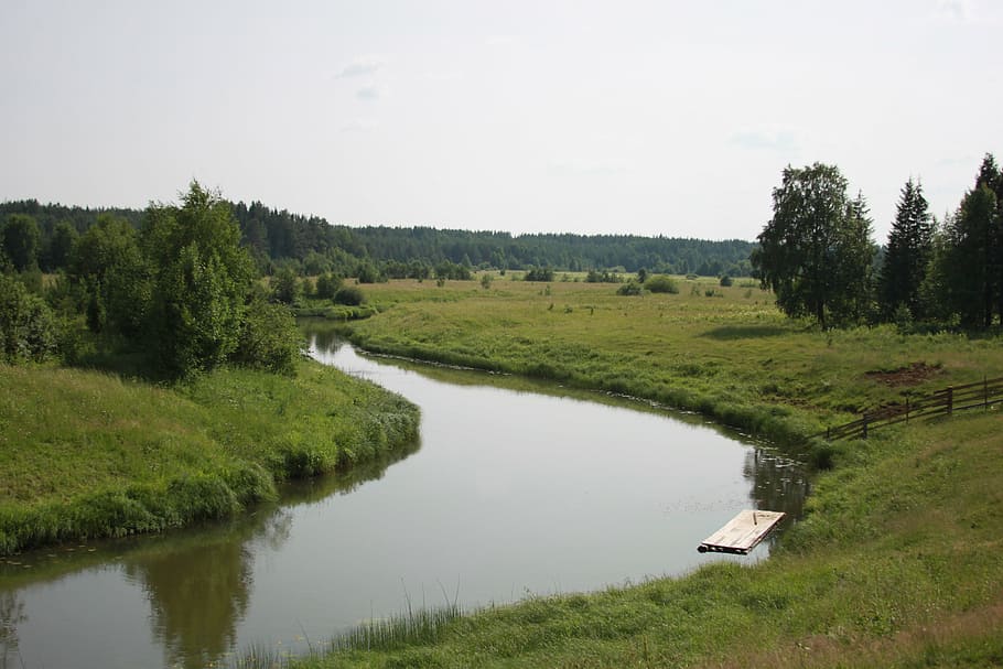 river, raft, village, summer, small river, countryside, vizindor, komi republic, environment, living nature