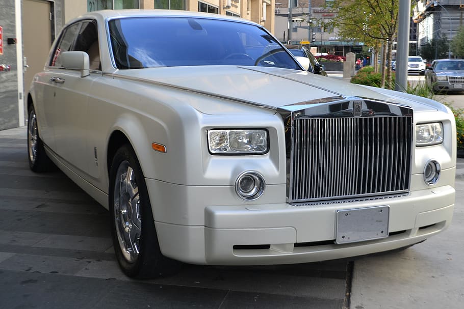 white, rolls royce coupe, parked, gray, metal post, rolls-royce, luxury car, new car, cream, vehicle