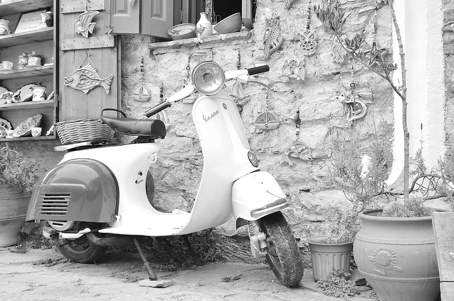 grayscale photo, motor scooter, front, wall, vespa, motorcycle, greece, karpathos, white, black