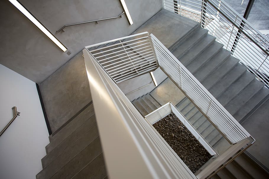 gray, white, stair, inside, building, staircase, stairs, steps, climb, stairwell