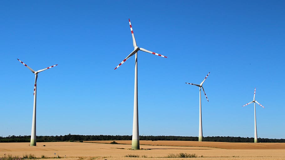 four white-and-red windmills, wind energy, renewable enegy, windmill, wind, mill, energy, rotation, turbine, electricity