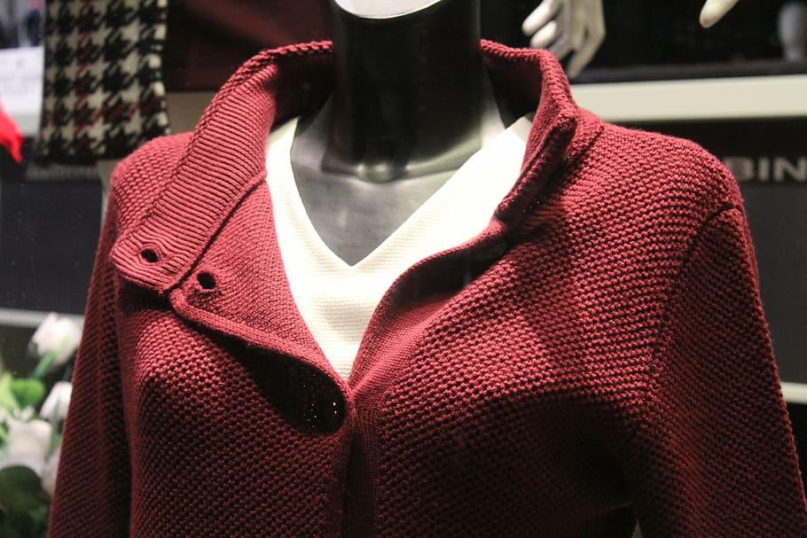 women, red, button-up jacket, female dress, dress, dummy, fashion, showcase, clothing, woman