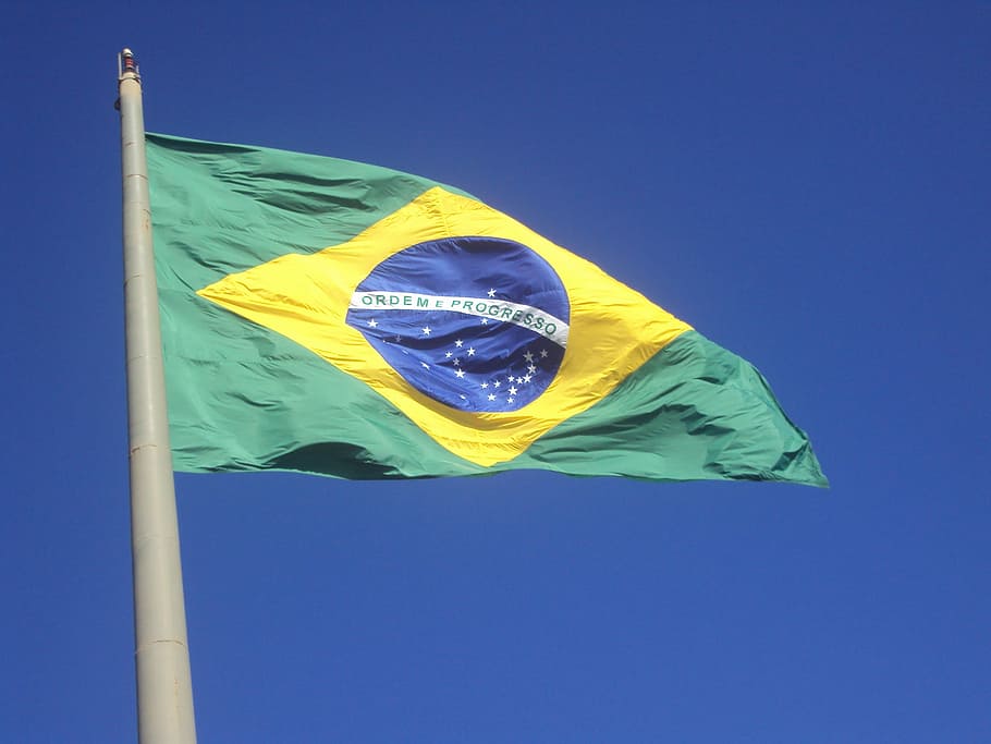 flag of brazil, brazil, flag, home, symbol, blue, sky, clear sky, yellow, low angle view
