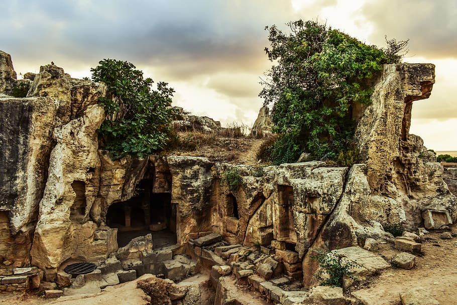 cyprus, paphos, tombs of the kings, archaeology, archaeological, historic, stone, ancient, unesco heritage site, sky