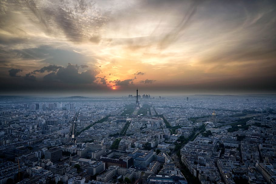 aérea, París, puesta de sol, ciudad, horizonte, cielo, nubes, hermosa, fondos de pantalla, viajes
