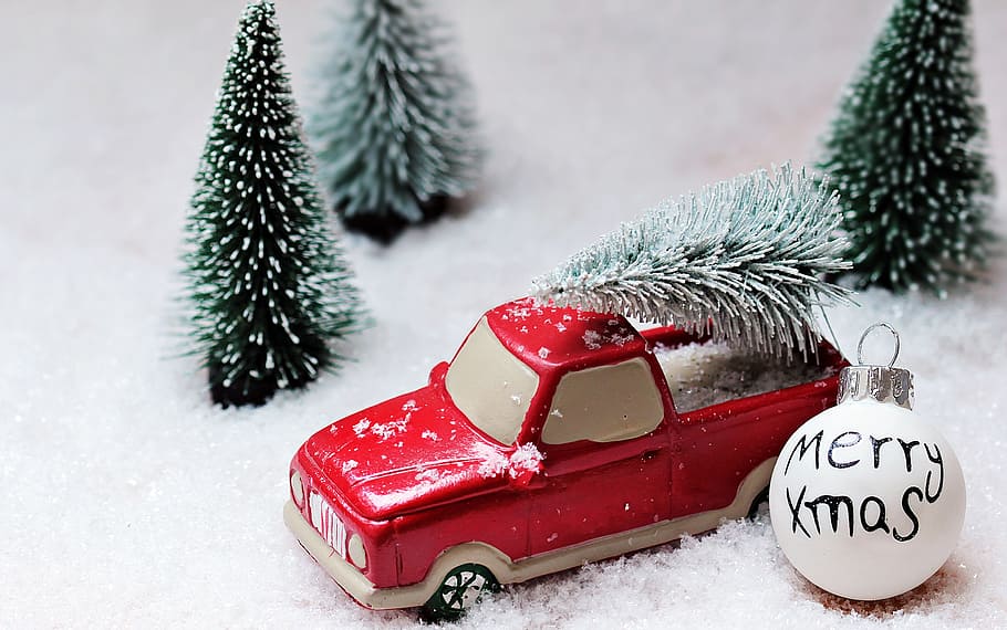 red, pickup truck ornament, trees, christmas tree, christmas, christmas motif, christmas card, background, greeting card, winter
