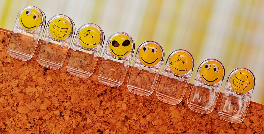 smilies, funny, emoticon, faces, clamp, emotions, yellow, in a row, high angle view, music