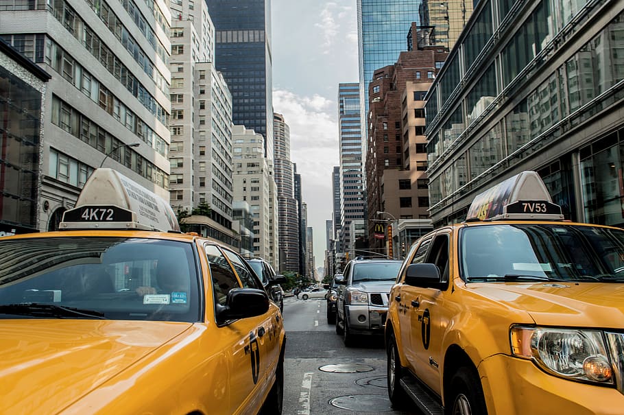 yellow, taxis, street, road, traffic, new york, city, buildings, cars, car