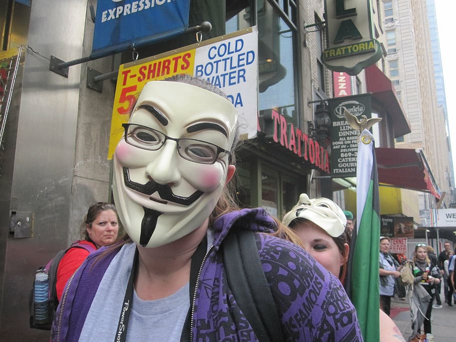 guy fawkes mask, anonymous, mask, protest, people, internet, hacker, politics, city, real people