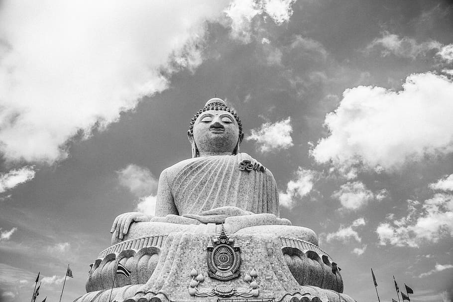 buddha statue, cloudy, sky, statue, monument, black, white, monochrome, sculpture, architecture
