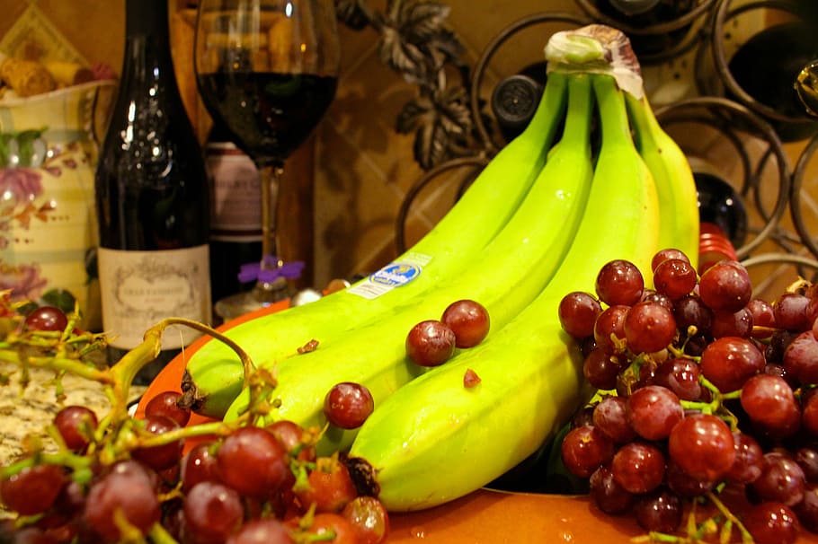 fruta, vinho, bananas, uvas, comida e vinho, garrafa, vermelho, copo de vinho, garrafa de vinho, maduro