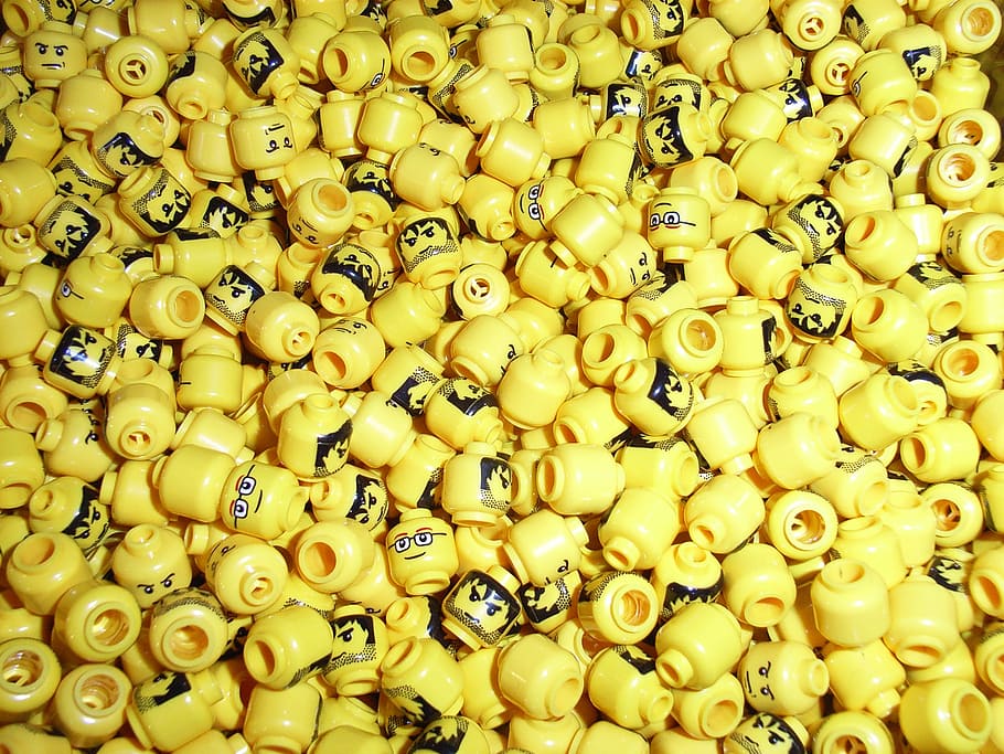 yellow plastic minifigures, heads, lego, yellow, game, activity, childhood, construction, fun, block