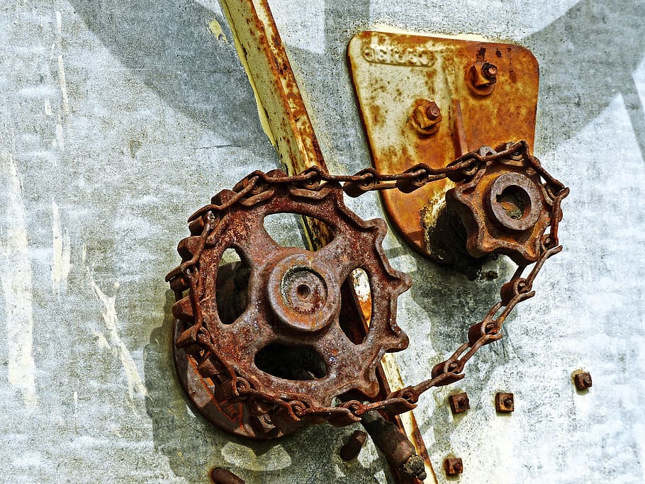 rusted, brown, metal gear, chain, rusty, metal, old machine, drive mechanism, reaping machine, ancient