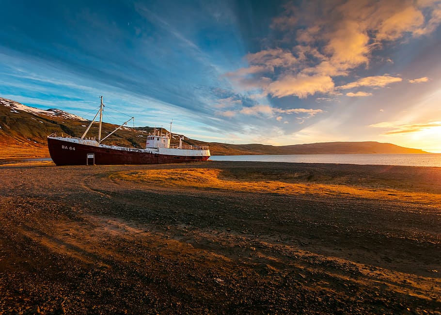 boat, ground, day time, nature, landscape, clouds, sky, sunset, beach, ocean