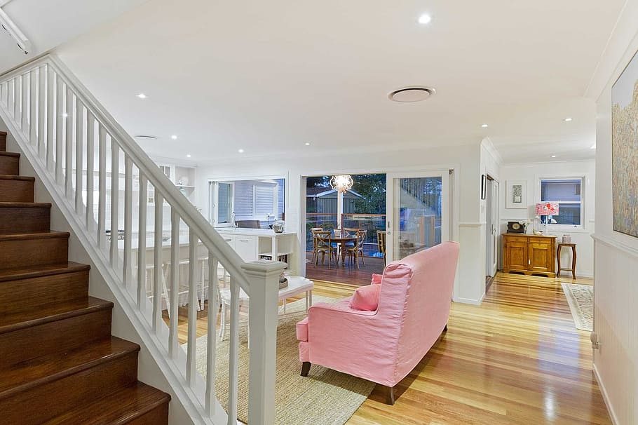 pink, sofa, front, coffee table, renovation, improvement, building, architecture, staircase, luxury