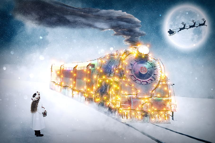 girl, standing, snow-covered, ground, locomotive train, covered, string lights, christmas, child, christmas motif