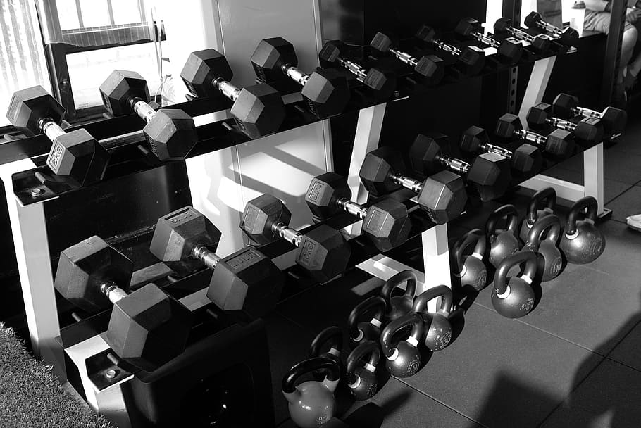 greyscale photo, gym equipment, cross fit, zimmer, health, fitness, dumbbell, gym, large group of objects, indoors