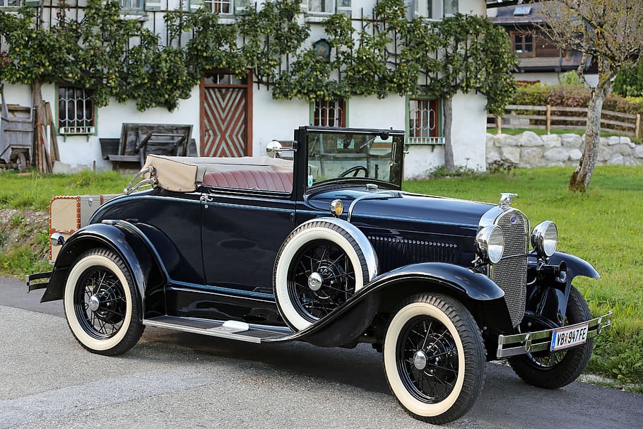 vintage, preto, carro, estacionado, branco, casa, Ford, Oldtimer, Spotlight, 1930
