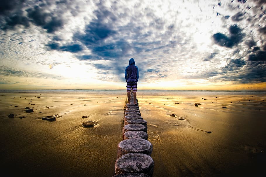 person, standing, gray, concrete, dock, man, horizon, landscape, sea, sand