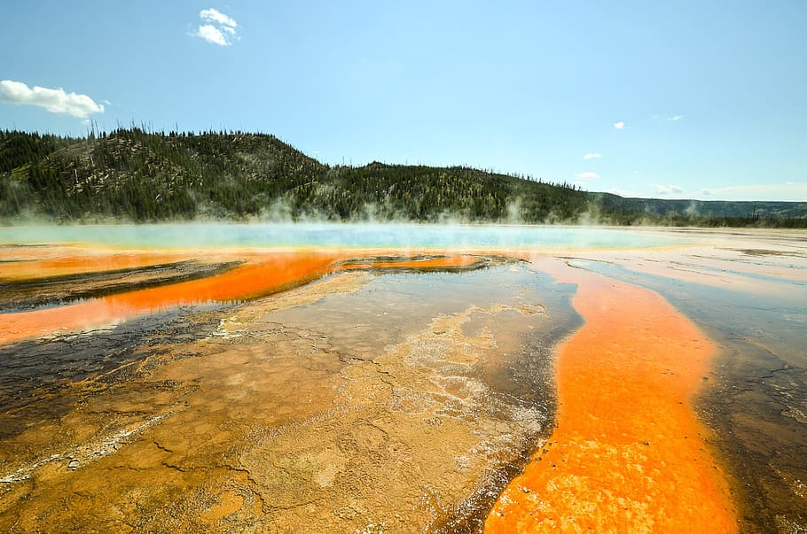 usa, america, yellowstone, national park, wyoming, grand prismatic spring, thermal spring, nature, water, sky