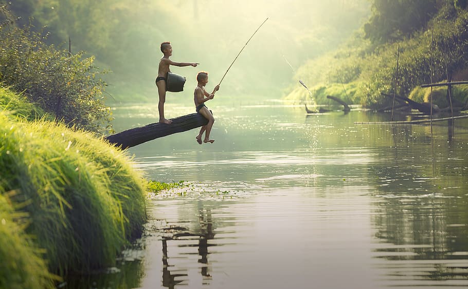 foto, dos, niños pescando, como niños, la actividad, asia, niños, camboya, apretones, lindo