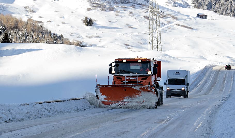 red, snow plow truck, running, road, white, renault van, back, day, snow, mountain