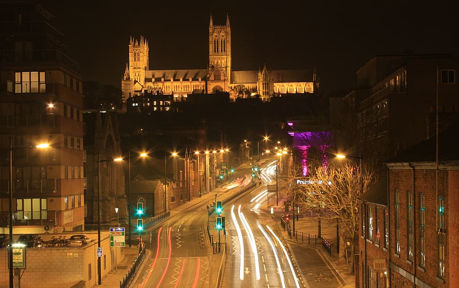 cathedral, lincoln, broadgate lincoln, castle hill, england, illuminated, architecture, building exterior, night, city