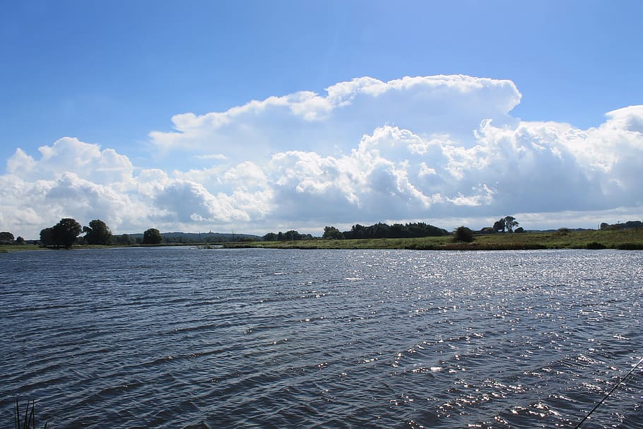 Landscape, River, Clouds, Rhine, niederrhein, water, sky, nature, blue, cloud - sky