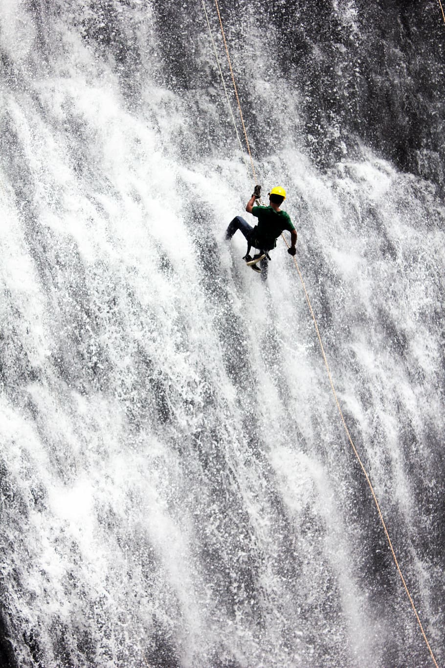 man, climbing, waterfalls, rappelling, waterfall, adventure, rope, sports, water, extreme