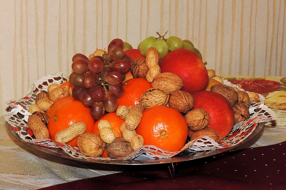 colorful plate, fruit, nuts, grapes, clementines, food, food and drink, healthy eating, wellbeing, freshness