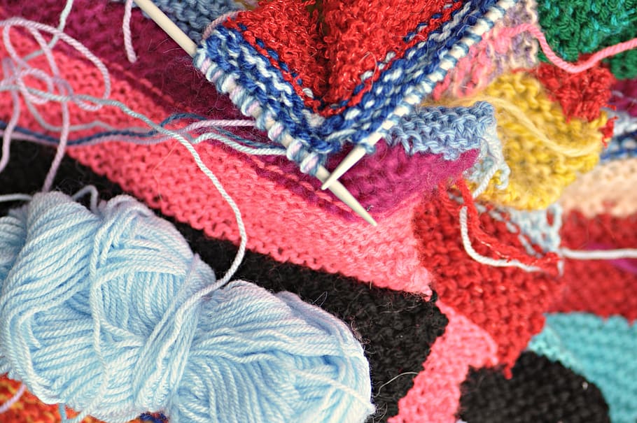 knitting, knitting needle, wool, yarn, craft, handmade colourful, pink, blue, red, yellow