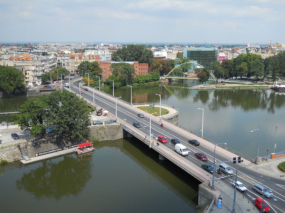 wroclaw, poland, city, buildings, bridge, vehicles, traffic, water, river, waterway