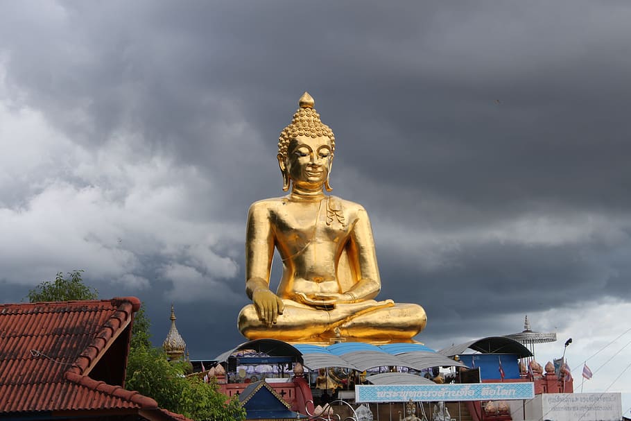 buddha, golden triangle, gold, sculpture, statue, cloud - sky, art and craft, male likeness, human representation, religion