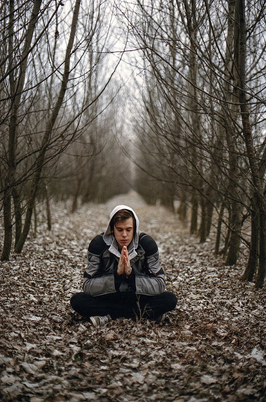 man, wearing, gray, jacket, black, pants, meditating, road, dried, leaves