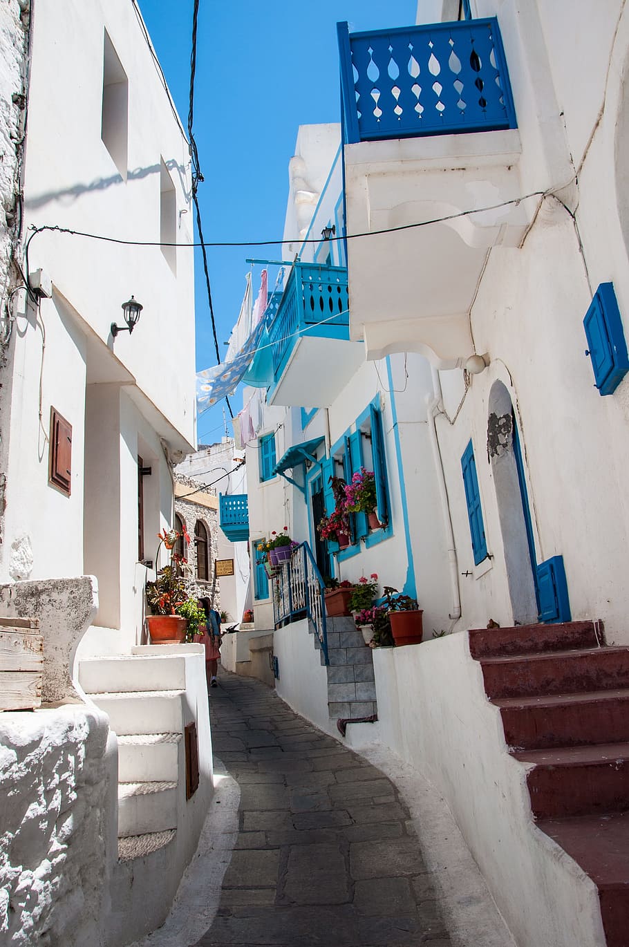 Férias, Grécia, Mar Egeu, Branco, azul, grego tradicional, casas brancas, arquitetura, casas, turismo
