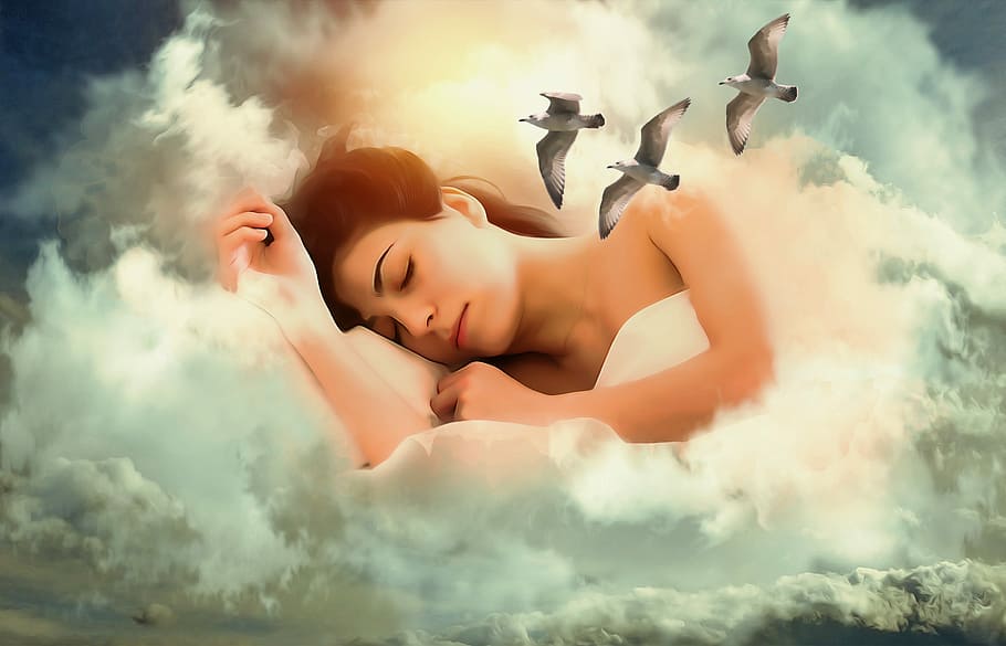 woman portrait poster, woman, girl, lady, female, young, beauty, sleeping, dream, sky