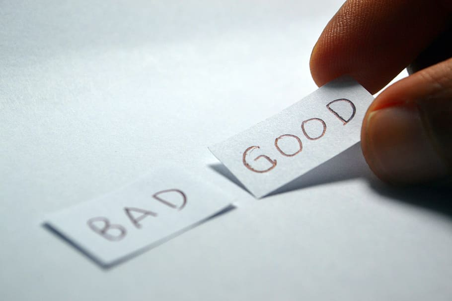 bad, good, printer paper, opposite, choice, choose, decision, positive, word, sign